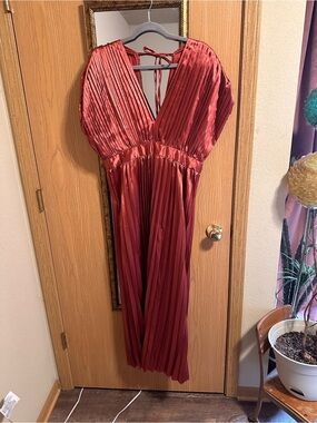 Pleated Deep V Maxi Dress - Rust Rosy Red Wedding Guest Dress